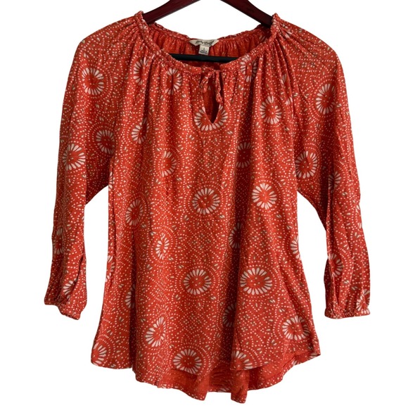 Lucky Brand Tops - Lucky Brand Orange Medallion Print Split Tie Neck Peasant Blouse Top L